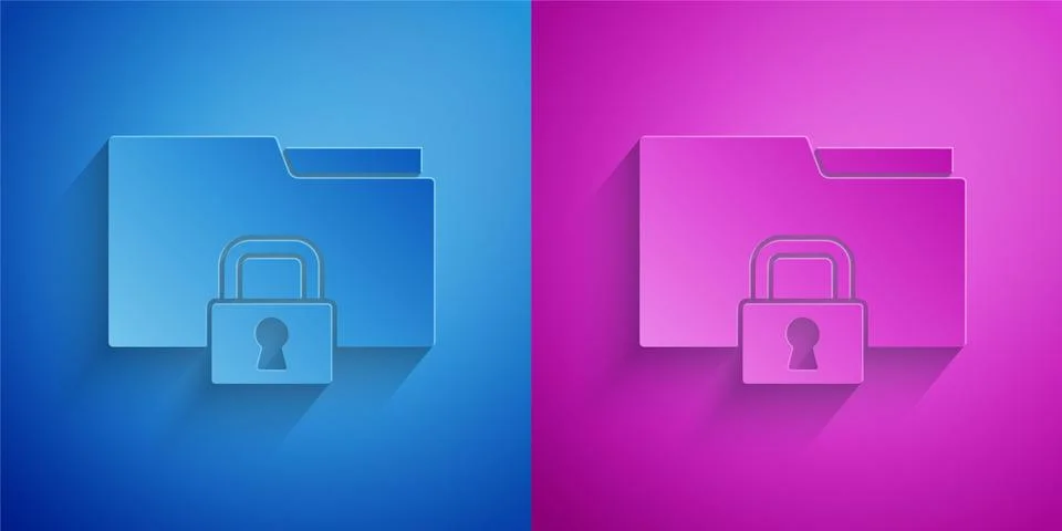 Paper cut Folder and lock icon isolated on blue and purple background. Closed Stock Illustration