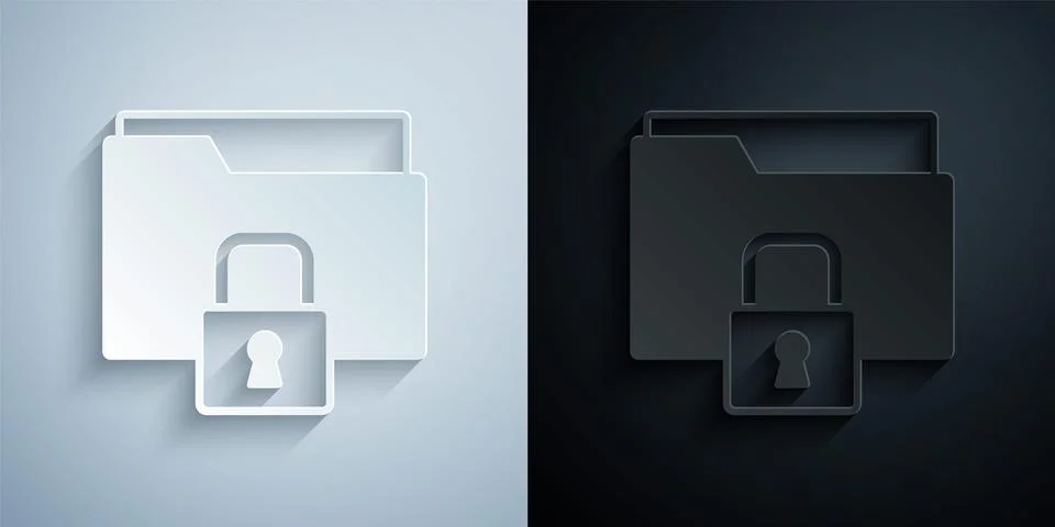 Paper cut Folder and lock icon isolated on grey and black background. Closed Illustrazione stock