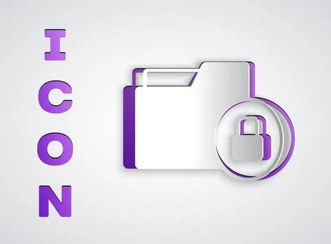 Paper cut Folder and lock icon isolated on grey background. Closed folder and Stock Illustration