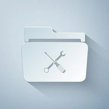 Paper cut Folder and tools or settings icon isolated on grey background. Folder Illustrazione stock