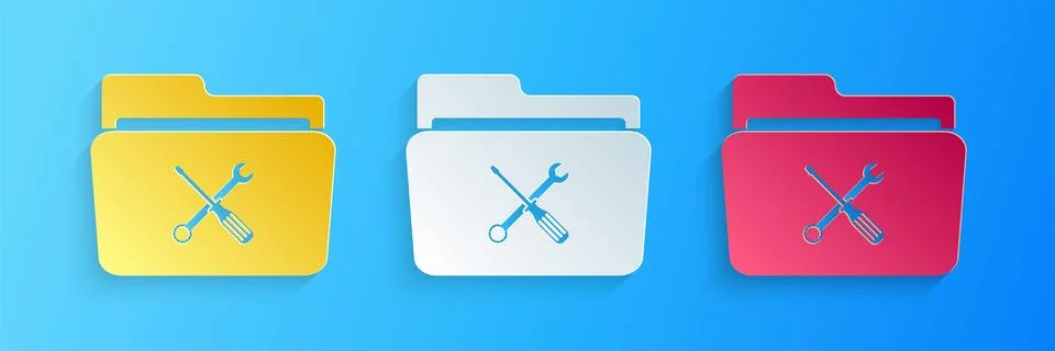 Paper cut Folder and tools or settings icon isolated on blue background. Folder Stockillustratie