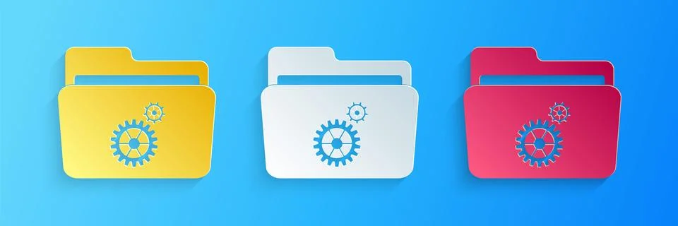 Paper cut Folder settings with gears icon isolated on blue background. Concept Stock-Illustration