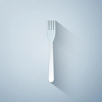 Paper cut Fork icon isolated on grey background. Paper art style. Vector 库存插图