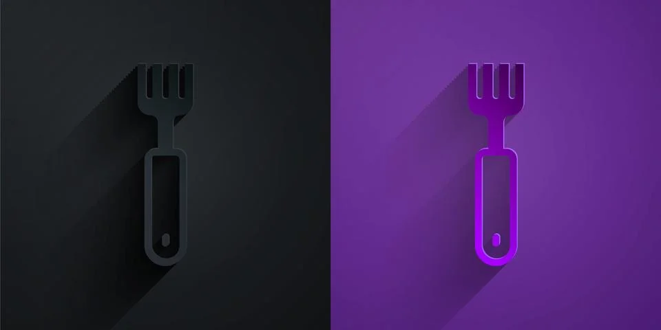 Paper cut Fork icon isolated on black on purple background. Cutlery symbol... イラスト素材