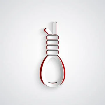 Paper cut Gallows rope loop hanging icon isolated on grey background. Rope tied Illustrazione stock