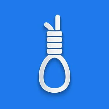 Paper cut Gallows rope loop hanging icon isolated on blue background. Rope tied 스톡 일러스트