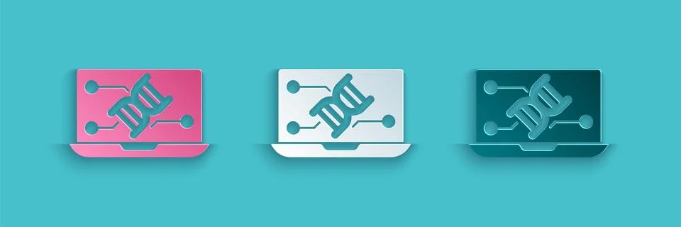 Paper cut Genetic engineering modification on laptop icon isolated on blue イラスト素材