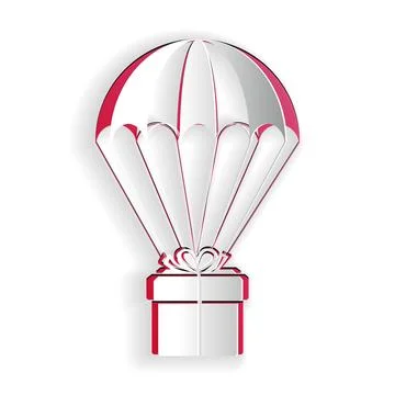 Paper cut Gift box flying on parachute icon isolated on white background Stock Illustration