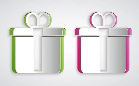 Paper cut Gift box icon isolated on grey background. Merry Christmas and Happy 스톡 일러스트