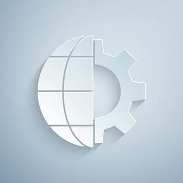 Paper cut Globe of the Earth and gear or cog icon isolated on grey background Stock Illustration