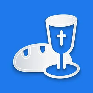 Paper cut Goblet and bread icon isolated on blue background. Bread and wine cup Stock Illustration
