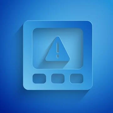 Paper cut Gps device error icon isolated on blue background. Paper art style. 스톡 일러스트