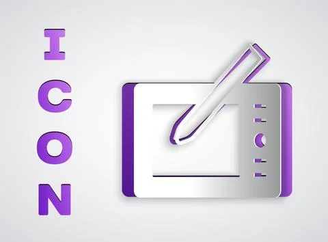 Paper cut Graphic tablet icon isolated on grey background. Paper art style. V Stock-Illustration