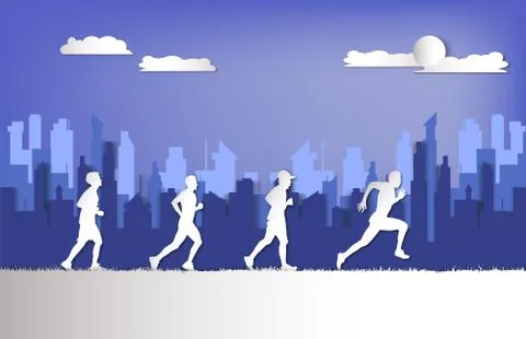 Paper cut of group runner race with city background Stock Illustration