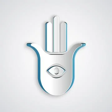 Paper cut Hamsa hand icon isolated on grey background. Hand of Fatima - amulet Illustrazione stock