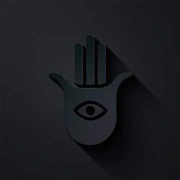 Paper cut Hamsa hand icon isolated on black background. Hand of Fatima - amul 스톡 일러스트