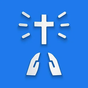 Paper cut Hands in praying position icon isolated on blue background. Prayer  Stock Illustration