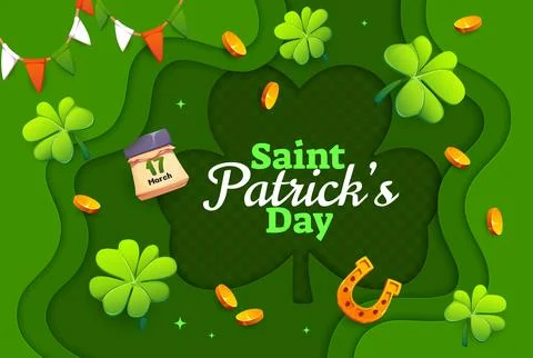 Paper cut happy St Patrick day poster with clover Stock Illustration