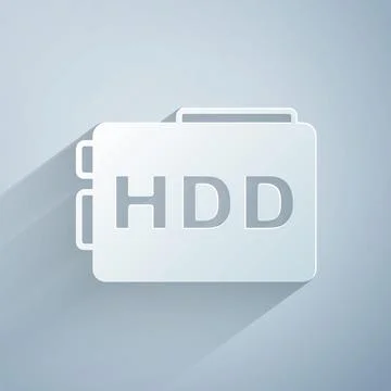 Paper cut Hard disk drive HDD icon isolated on grey background. Paper art style Stock Illustration