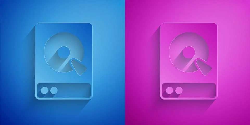 Paper cut Hard disk drive HDD icon isolated on blue and purple background. Paper Stock Illustration