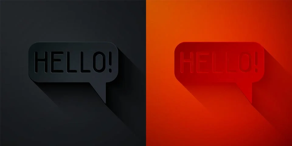 Paper cut Hello in different languages icon isolated on black and red background Stock Illustration