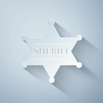 Paper cut Hexagonal sheriff star icon isolated on grey background. Sheriff badge Stock Illustration