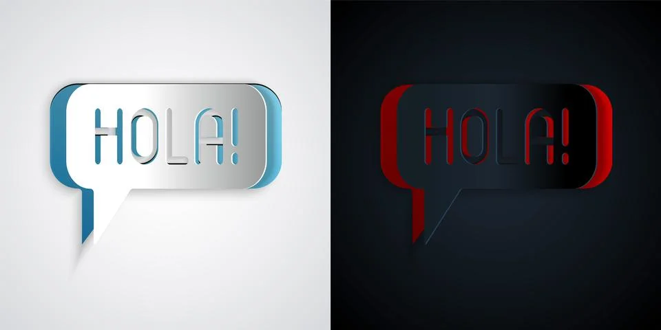 Paper cut Hola in different languages icon isolated on grey and black background Stock Illustration