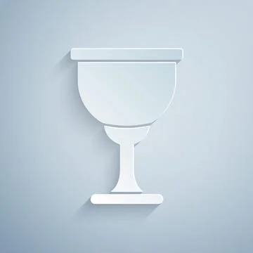 Paper cut Holy grail or chalice icon isolated on grey background. Christian Stock Illustration