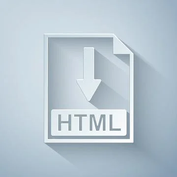 Paper cut HTML file document icon. Download HTML button icon isolated on grey Illustration