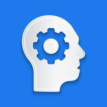 Paper cut Human head with gear inside icon isolated on blue background Stock Illustration