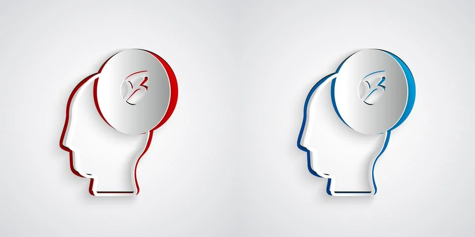 Paper cut Human head with leaf inside icon isolated Paper cut background. Pap Ilustración de archivo
