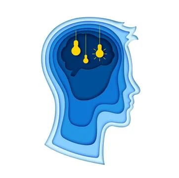 Paper cut human head with light bulb ideas glow Stock Illustration