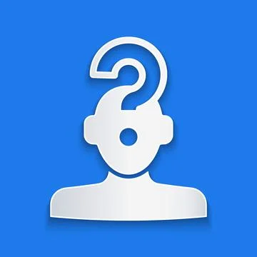 Paper cut Human head with question mark icon isolated on blue background. P.. Stock Illustration