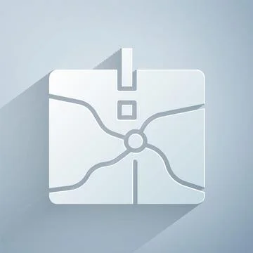 Paper cut Intersection point icon isolated on grey background. Paper art style Ilustração Stock