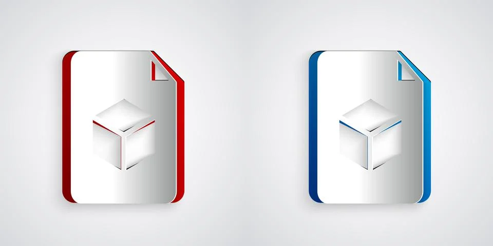 Paper cut Isometric cube file icon isolated on grey background. Geometric cubes Stock Illustration