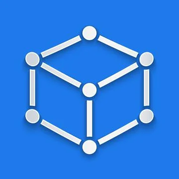 Paper cut Isometric cube icon isolated on blue background. Geometric cubes solid Illustrazione stock
