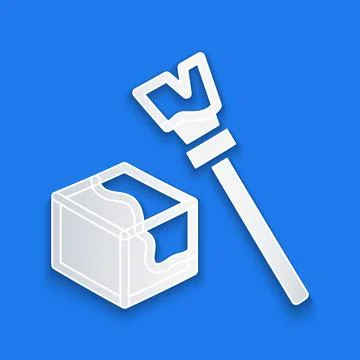 Paper cut Isometric cube icon isolated on blue background. Geometric cubes solid Stock Illustration