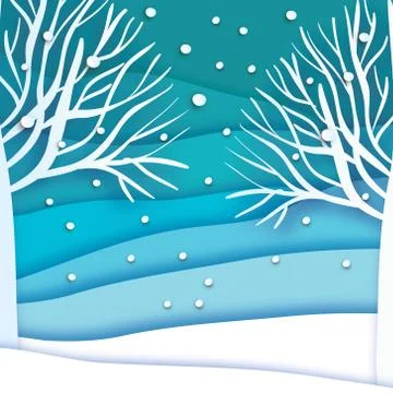 Paper cut landscape and forest. Merry Christmas Greeting card. Origami snowy Stock Illustration