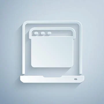 Paper cut Laptop with browser window icon isolated on grey background. Computer Stock Illustration