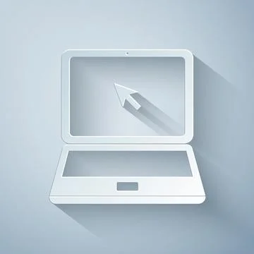 Paper cut Laptop with cursor icon isolated on grey background. Paper art style Stock Illustration