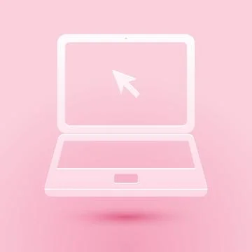 Paper cut Laptop with cursor icon isolated on pink background. Paper art style Stock Illustration