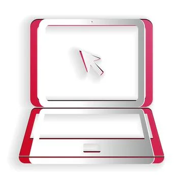 Paper cut Laptop with cursor icon isolated on white background. Paper art style Stock Illustration