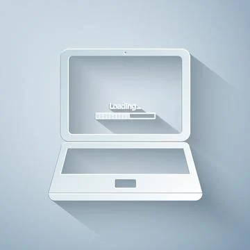 Paper cut Laptop update process with loading bar icon isolated on grey イラスト素材