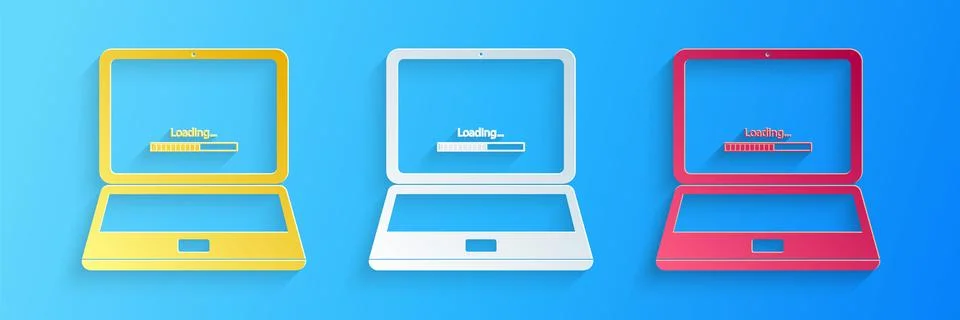 Paper cut Laptop update process with loading bar icon isolated on blue Illustrazione stock