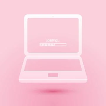 Paper cut Laptop update process with loading bar icon isolated on pink Stock Illustration