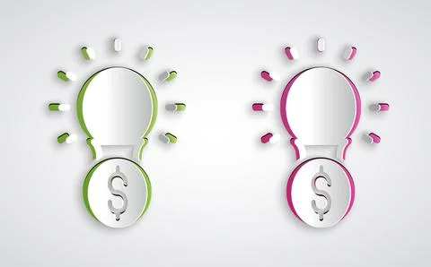 Paper cut Light bulb with dollar symbol icon isolated on grey background. Money Stock Illustration
