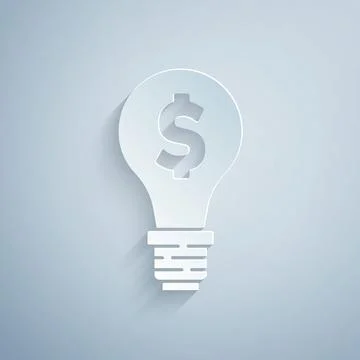 Paper cut Light bulb with dollar symbol icon isolated on grey background. Money Stock Illustration