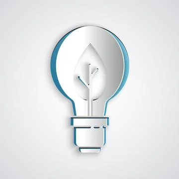 Paper cut Light bulb with leaf icon isolated on grey background. Eco energy c Stock Illustration