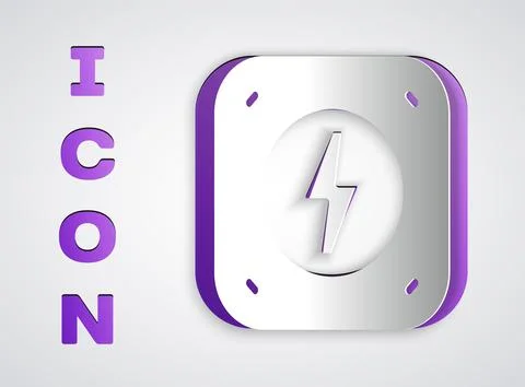 Paper cut Lightning bolt icon isolated on grey background. Flash sign. Char.. Stock Illustration