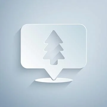 Paper cut Location of the forest on a map icon isolated on grey background Illustrazione stock